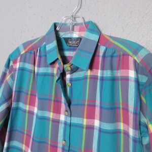 Vintage Woolrich Top Women 8 Plaid Cotton Flannel Colorful Portugal Button Up